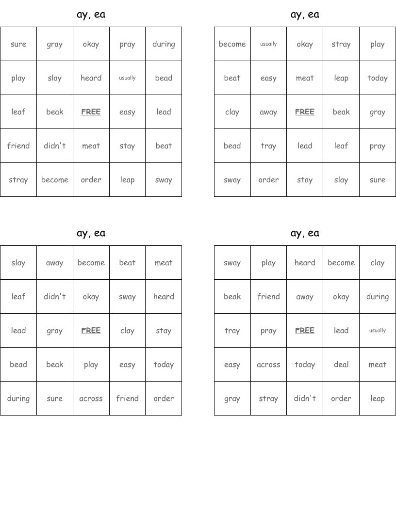 ay, ea Bingo Cards