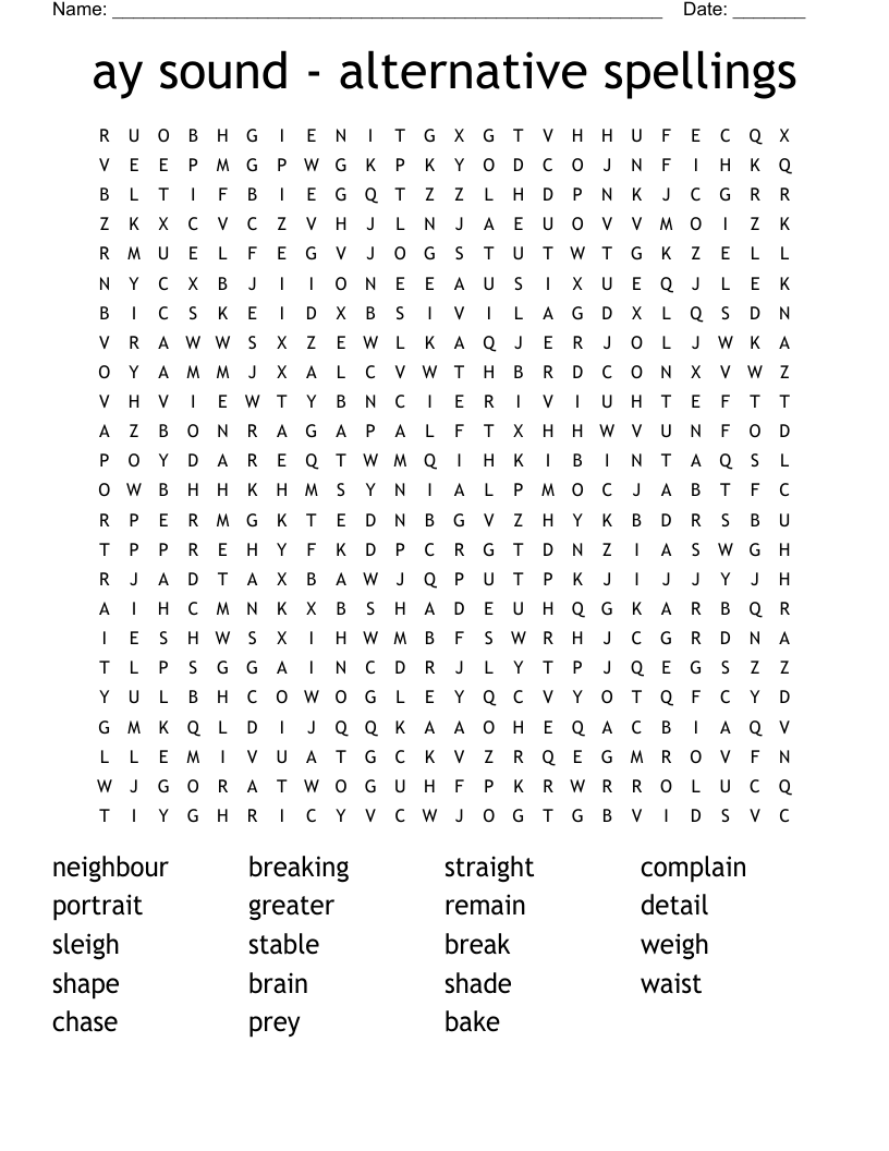 ay sound - alternative spellings Word Search