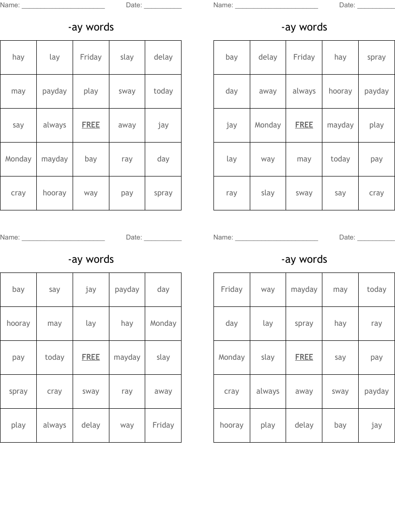 -ay words Bingo Cards