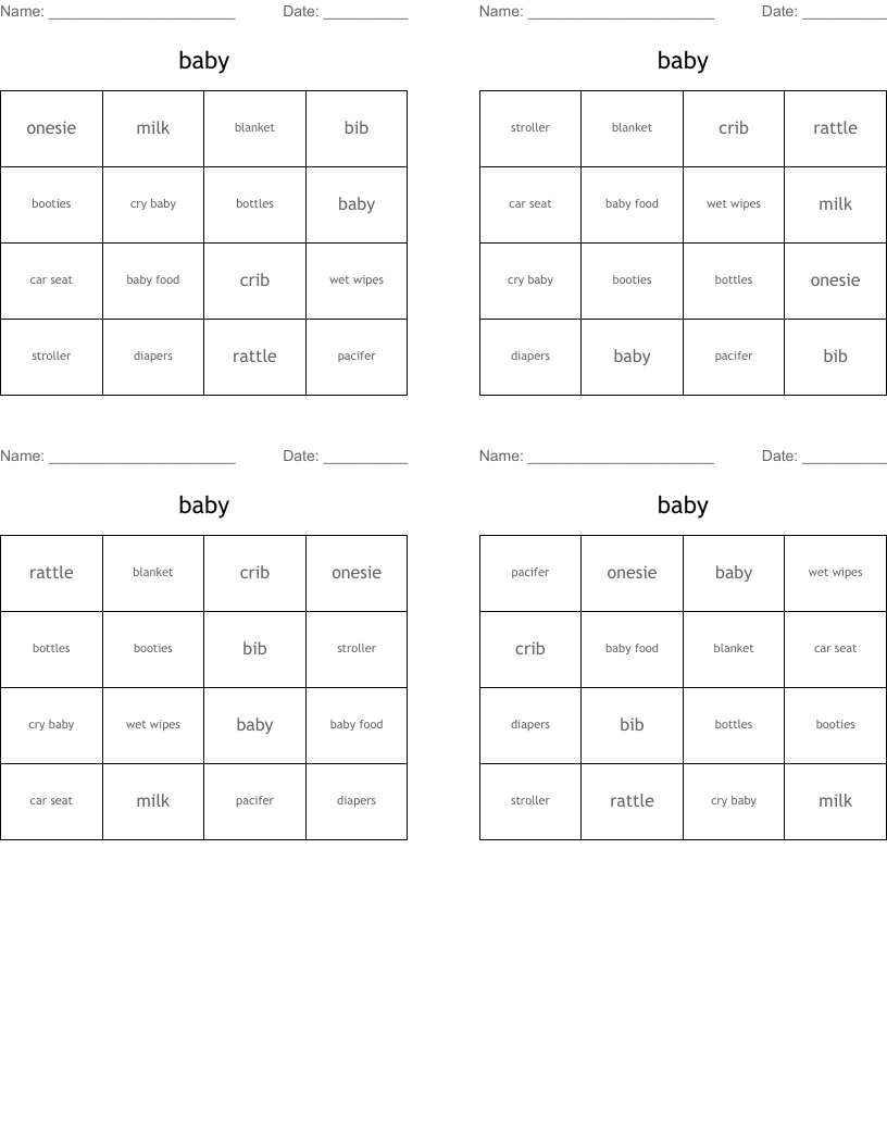 baby Bingo Cards