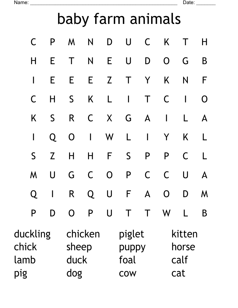 baby farm animals Word Search