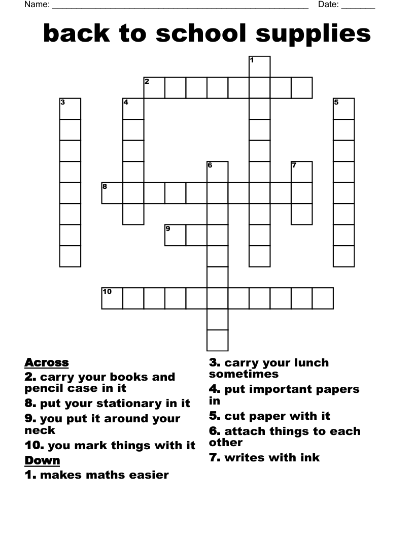 back to school supplies Crossword
