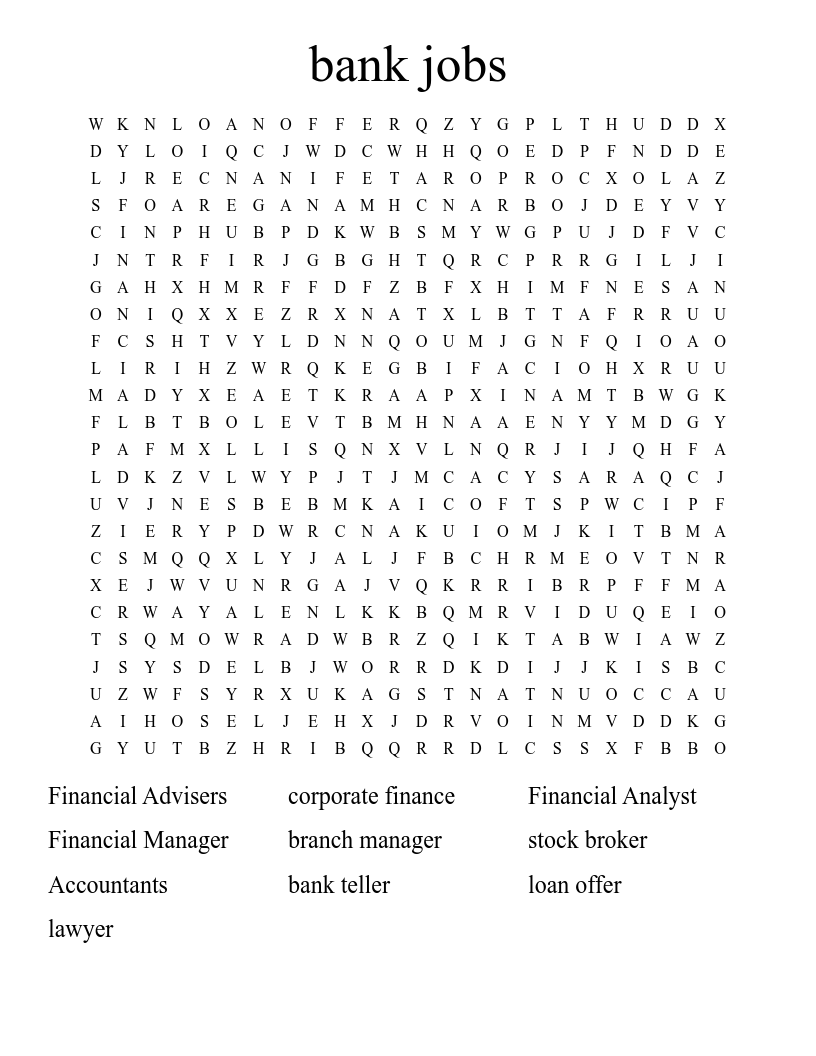 bank jobs  Word Search
