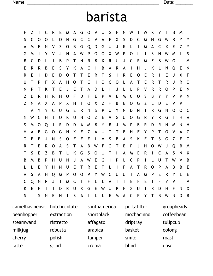 barista Word Search