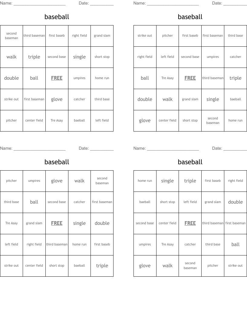 baseball Bingo Cards