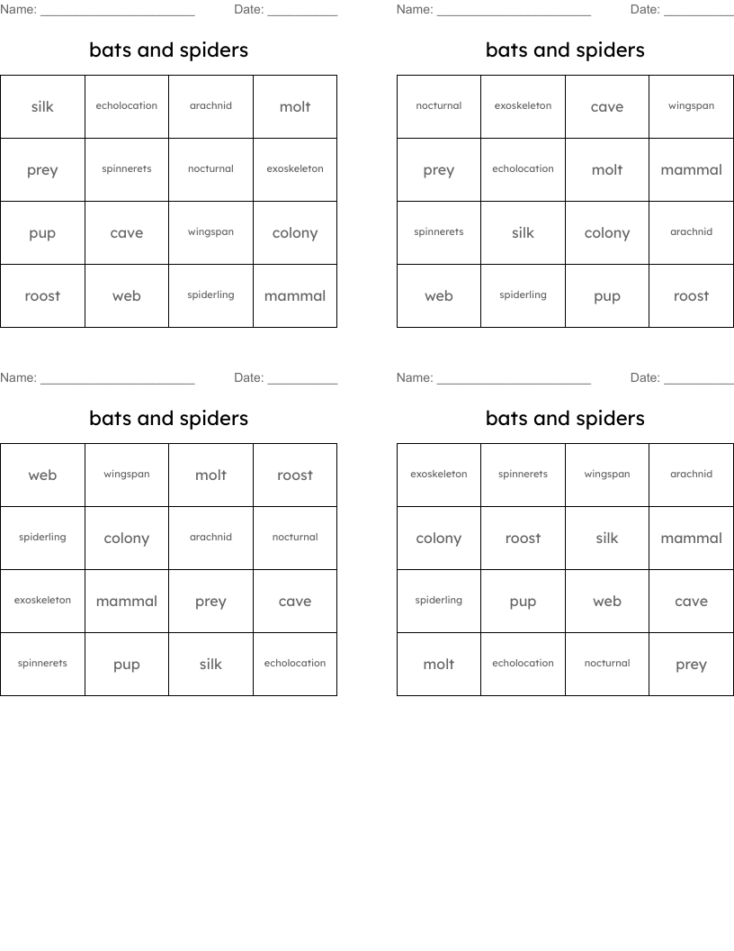 bats and spiders Bingo Cards