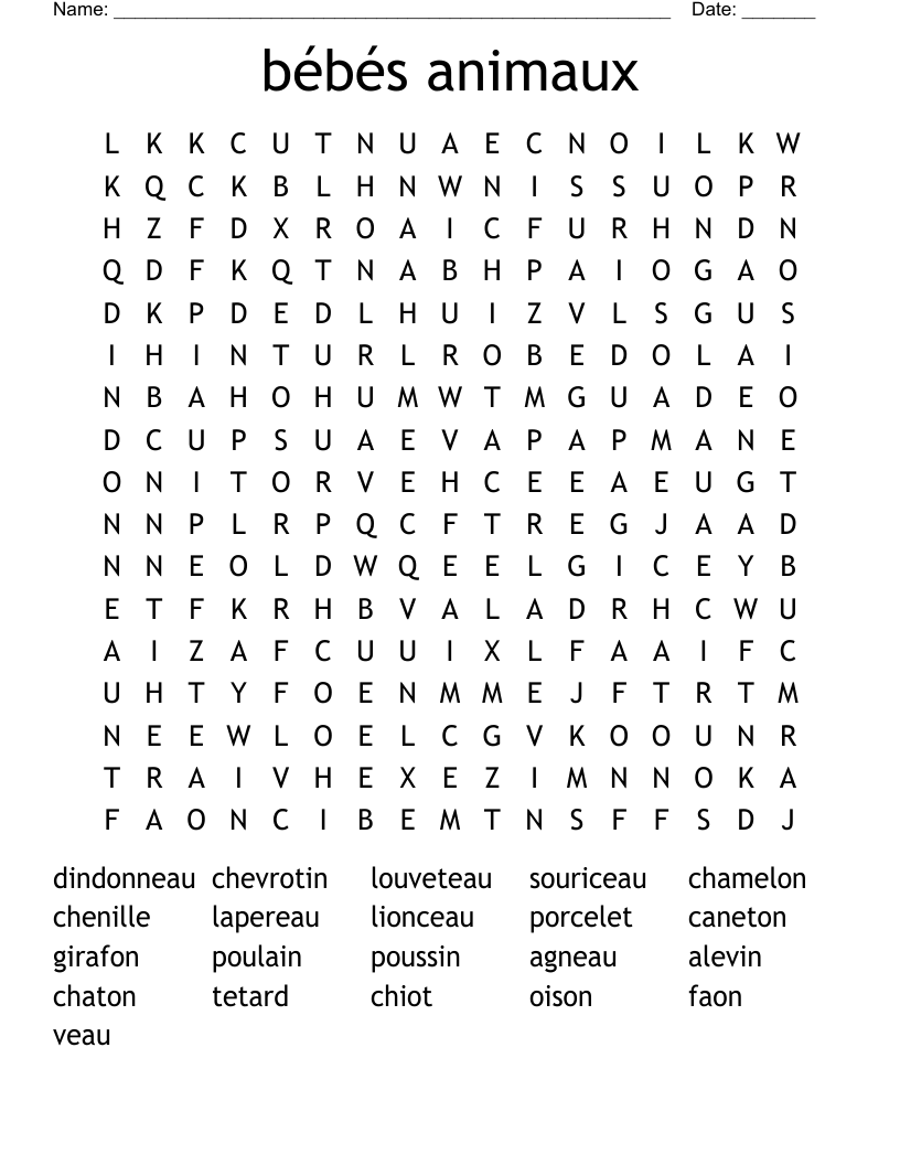bébés animaux Word Search