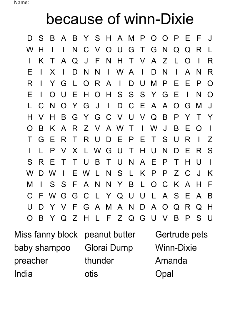 because of winn-Dixie Word Search