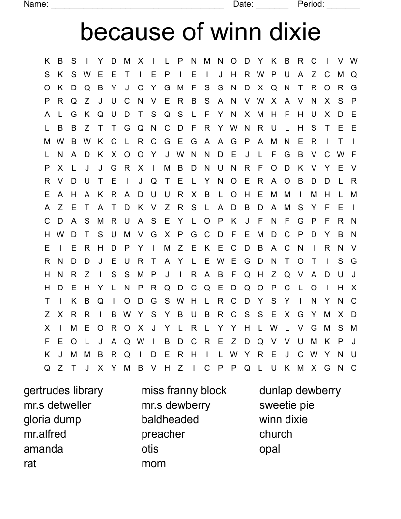 because of winn  dixie Word Search