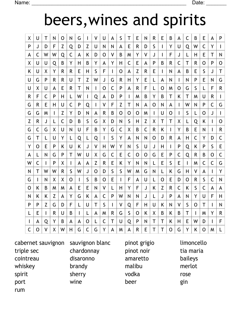 beers,wines and spirits Word Search