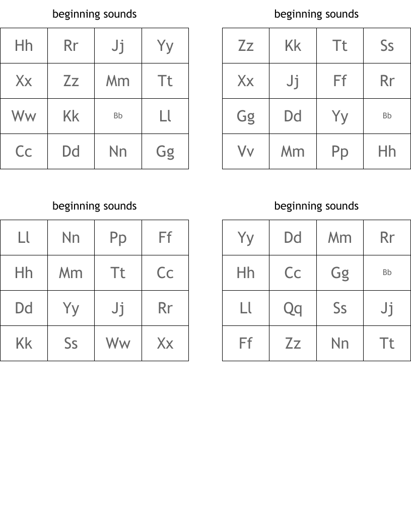 beginning sounds Bingo Cards