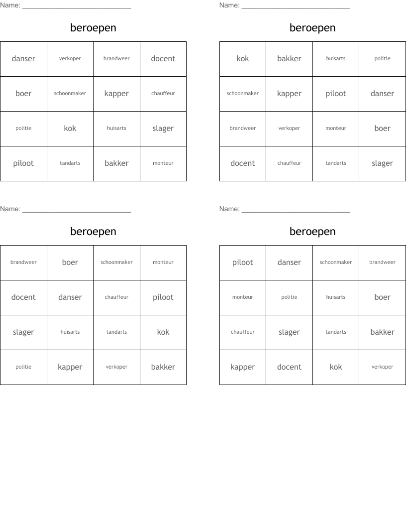 beroepen Bingo Cards