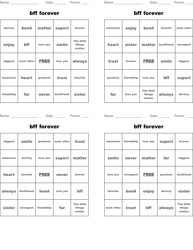 bff forever Bingo Cards