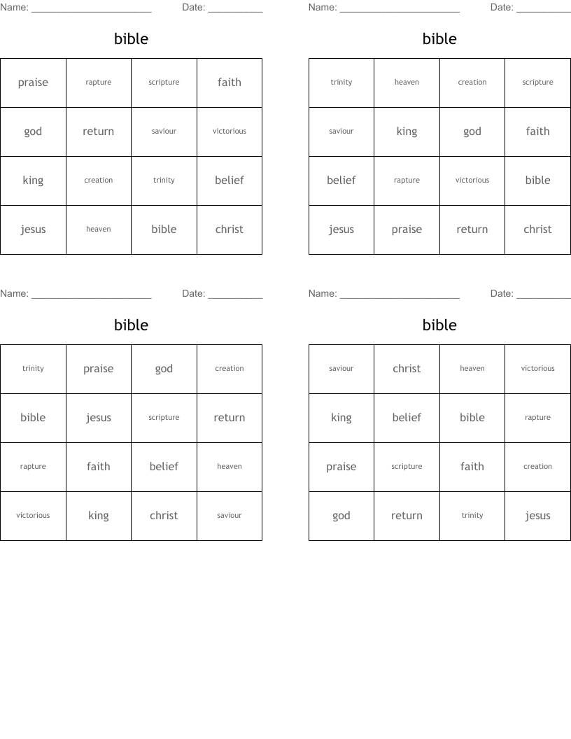bible Bingo Cards
