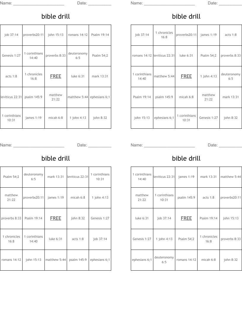 bible drill Bingo Cards