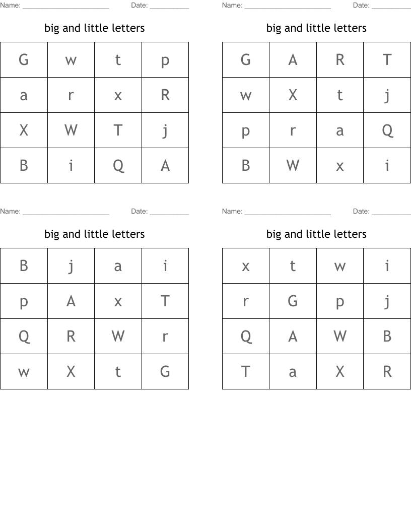 big and little letters Bingo Cards