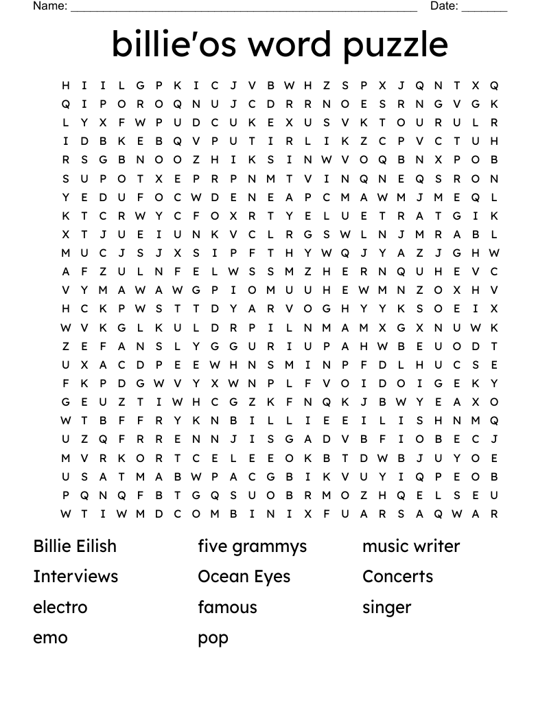billie'os word puzzle Word Search