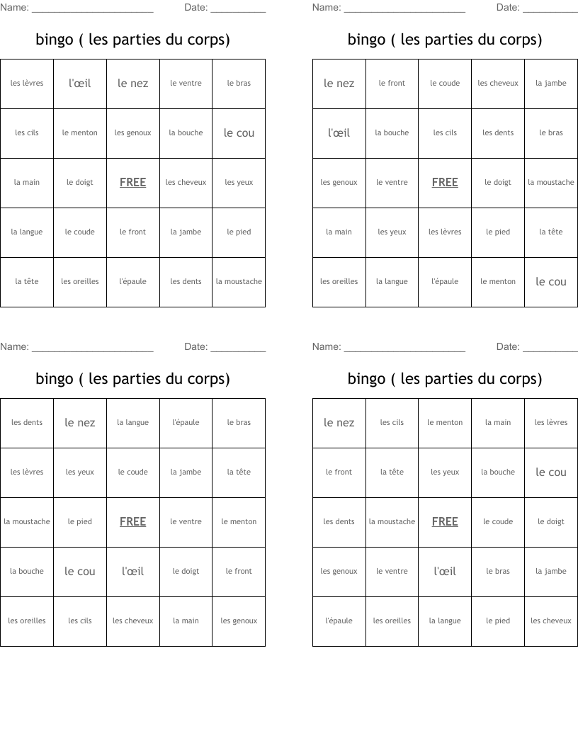bingo ( les parties du corps)