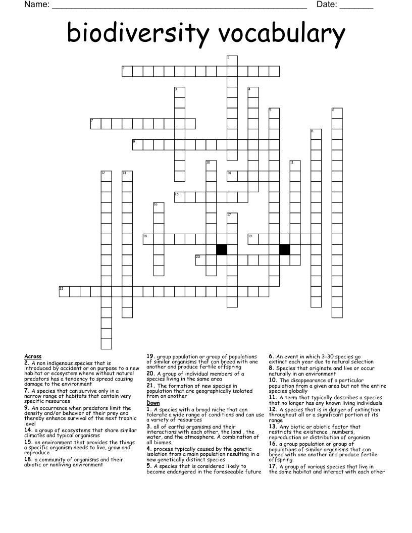biodiversity vocabulary Crossword