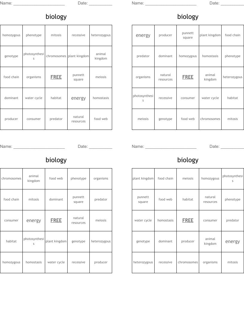 biology Bingo Cards