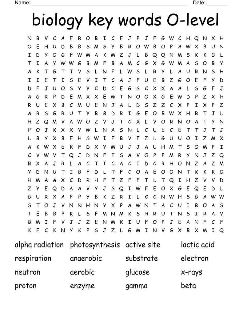 biology key words O-level Word Search