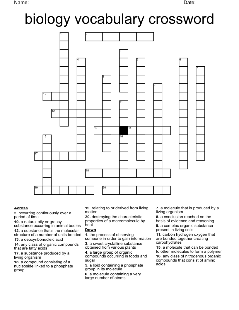 biology vocabulary crossword