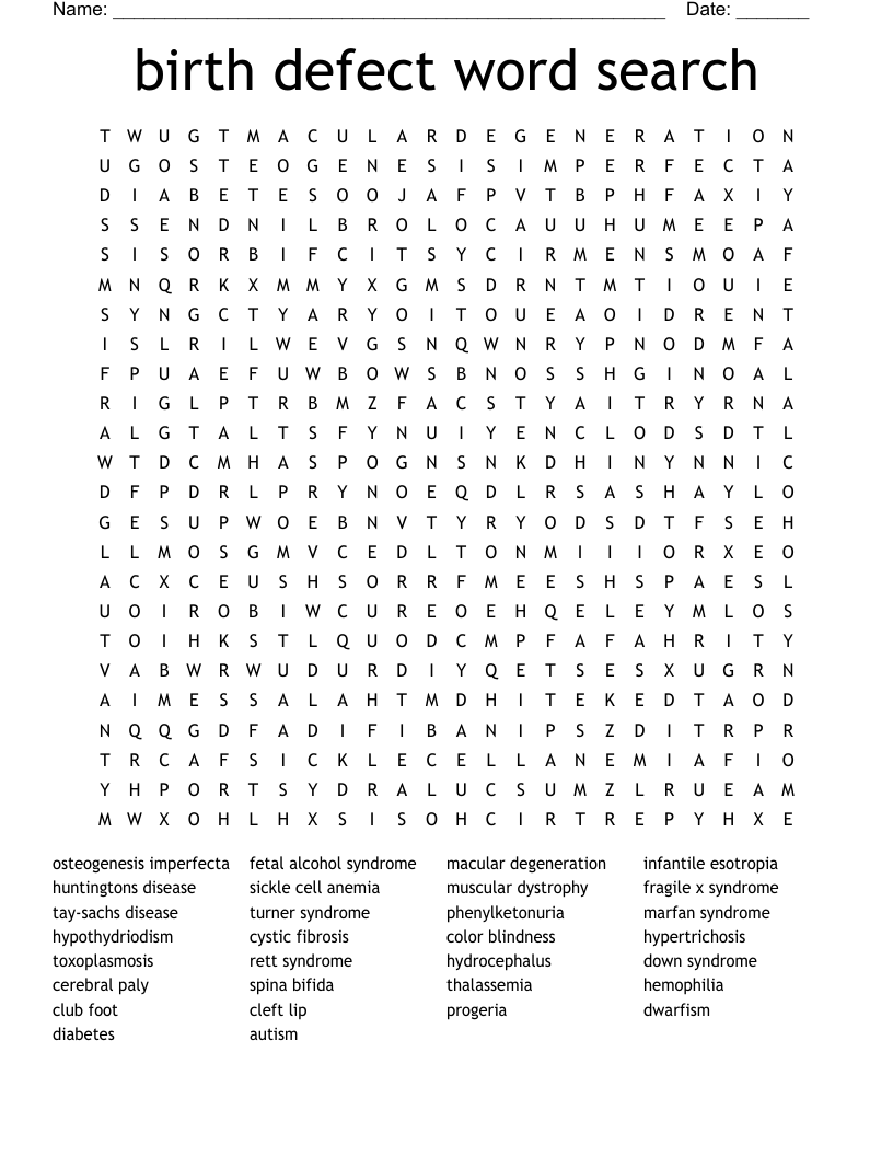 birth defect word search