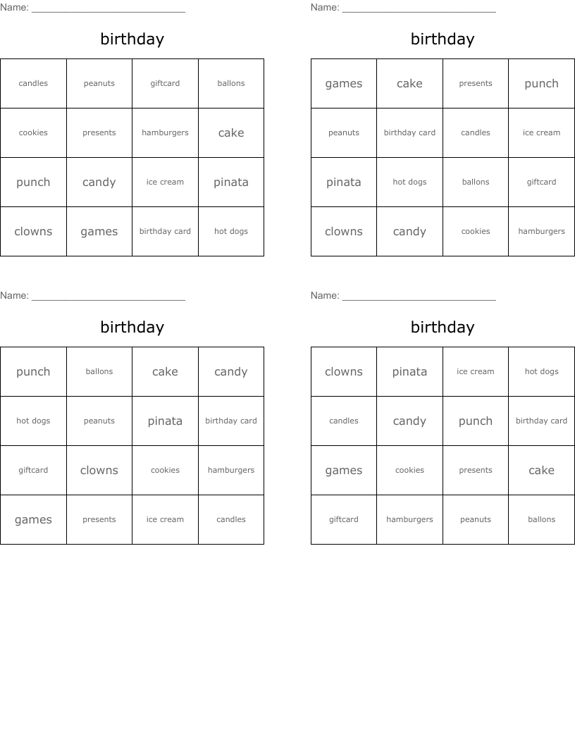 birthday   Bingo Cards