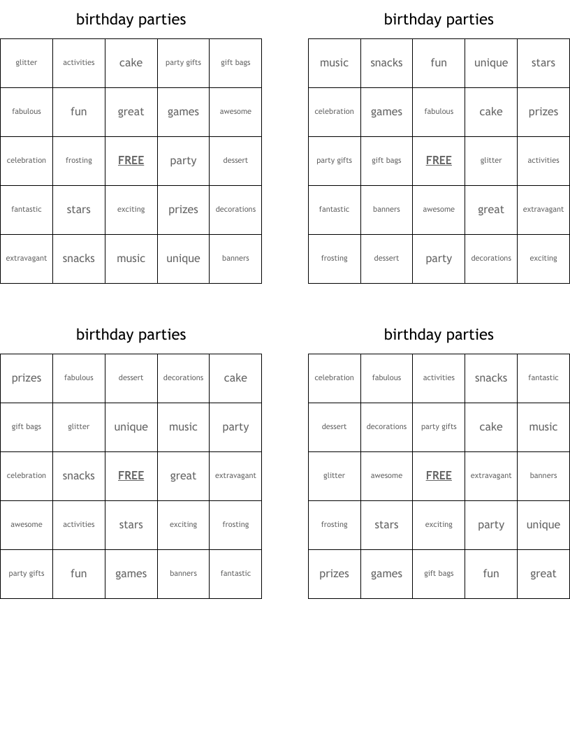 birthday  parties Bingo Cards