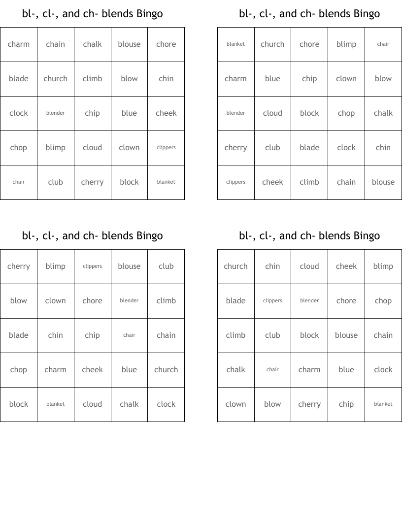 bl-, cl-, and ch- blends Bingo