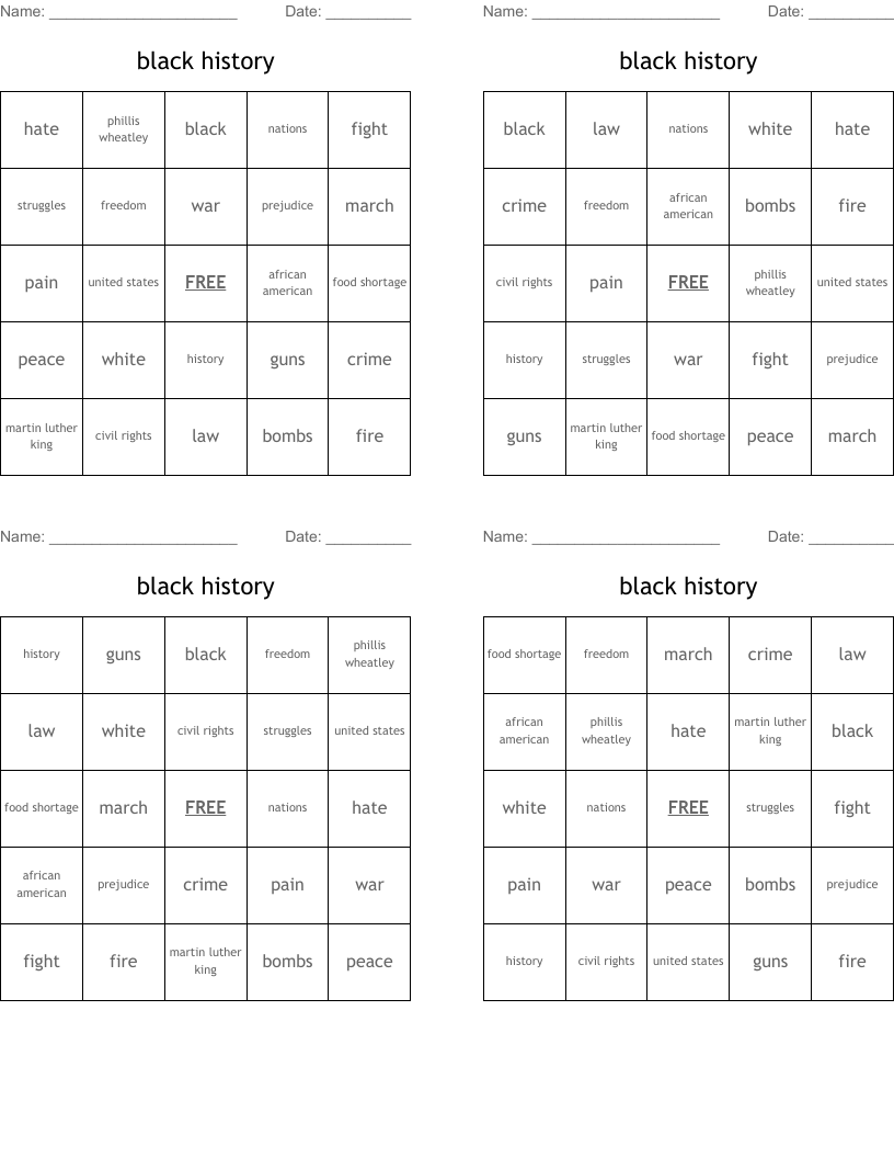 black history Bingo Cards