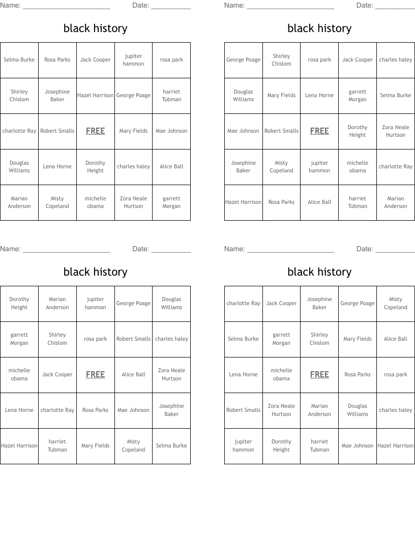 black history Bingo Cards