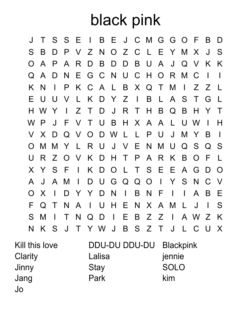 black pink Word Search