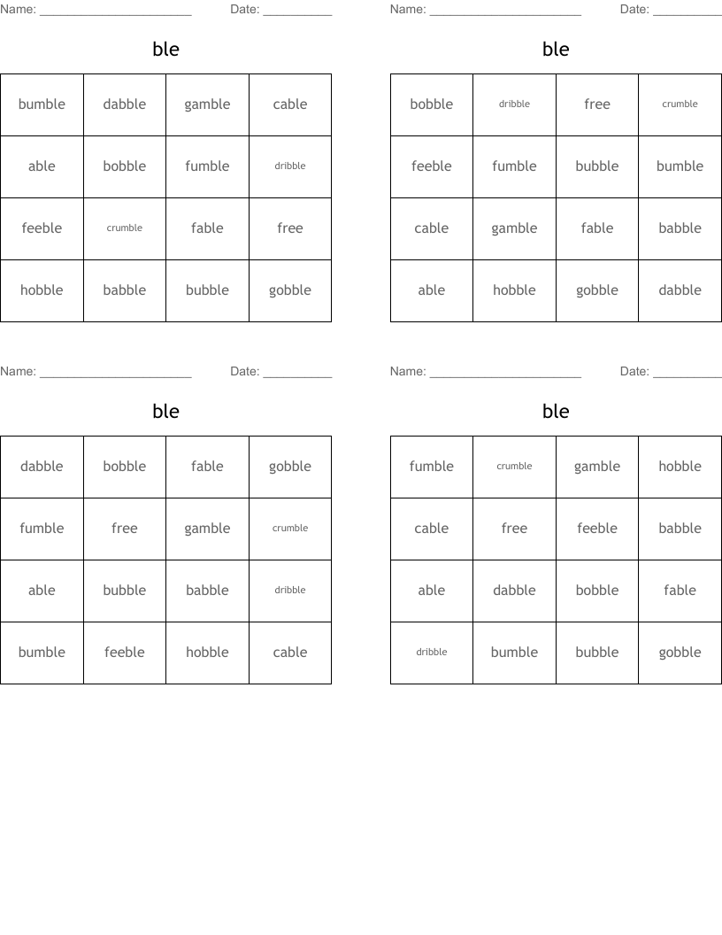 ble  Bingo Cards