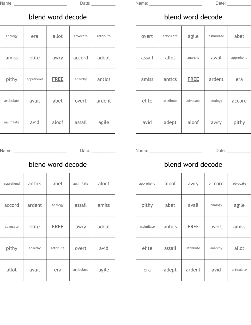 blend word decode Bingo Cards