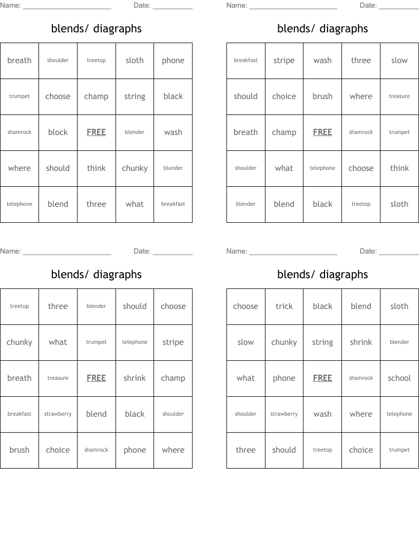 blends/ diagraphs Bingo Cards
