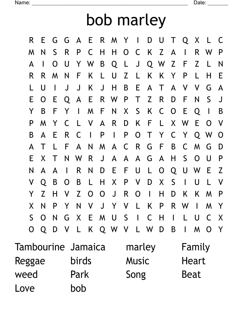 bob marley Word Search