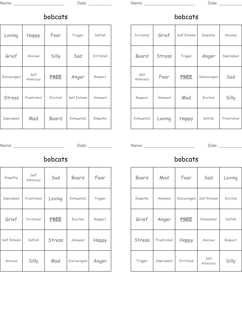 bobcats Bingo Cards