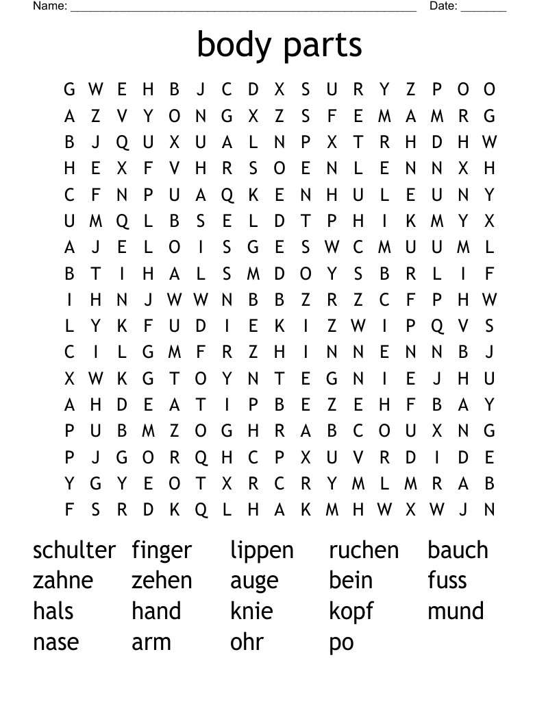 body parts Word Search