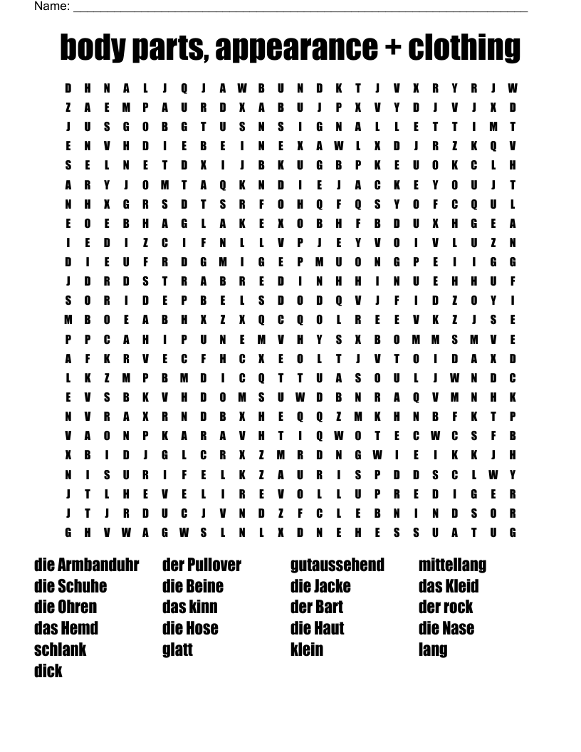body parts, appearance + clothing Word Search
