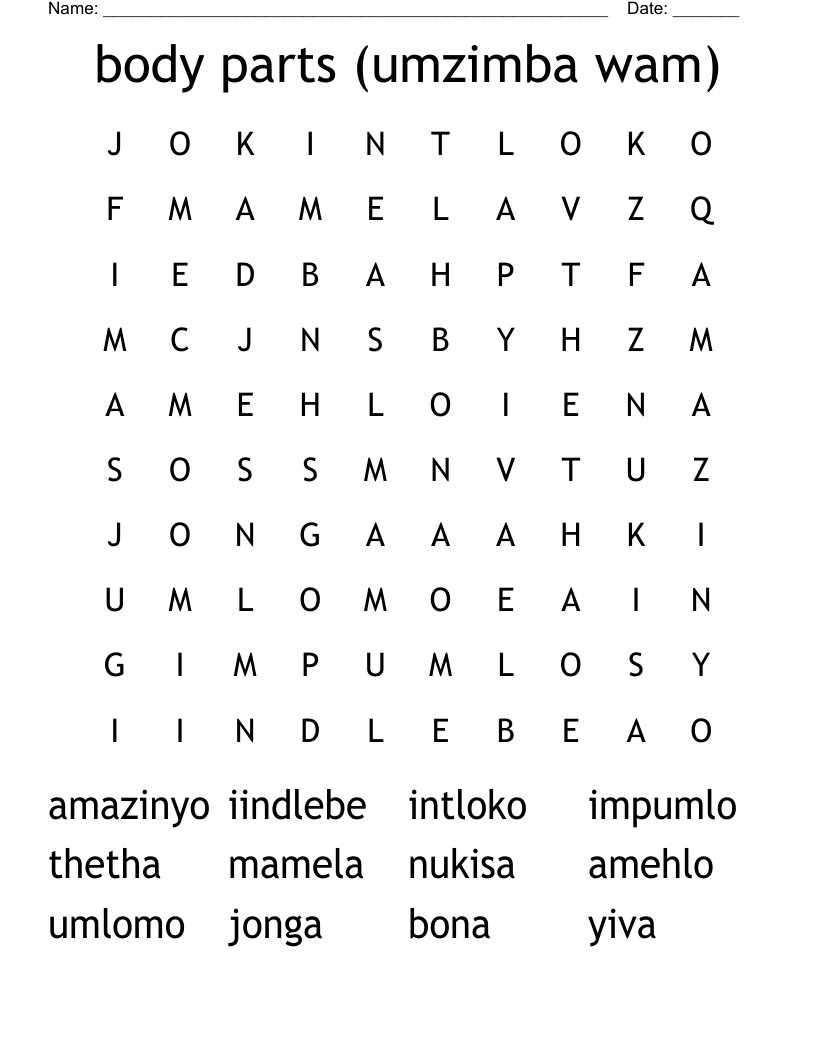 body parts (umzimba wam) Word Search