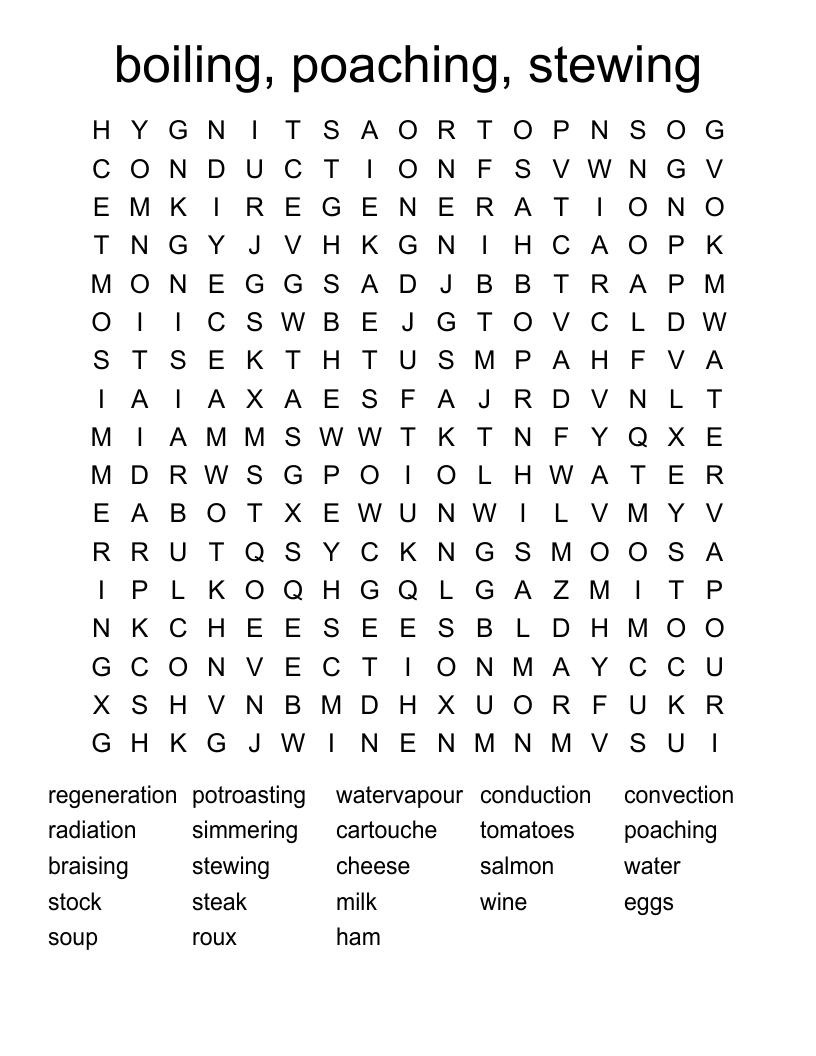 boiling, poaching, stewing Word Search