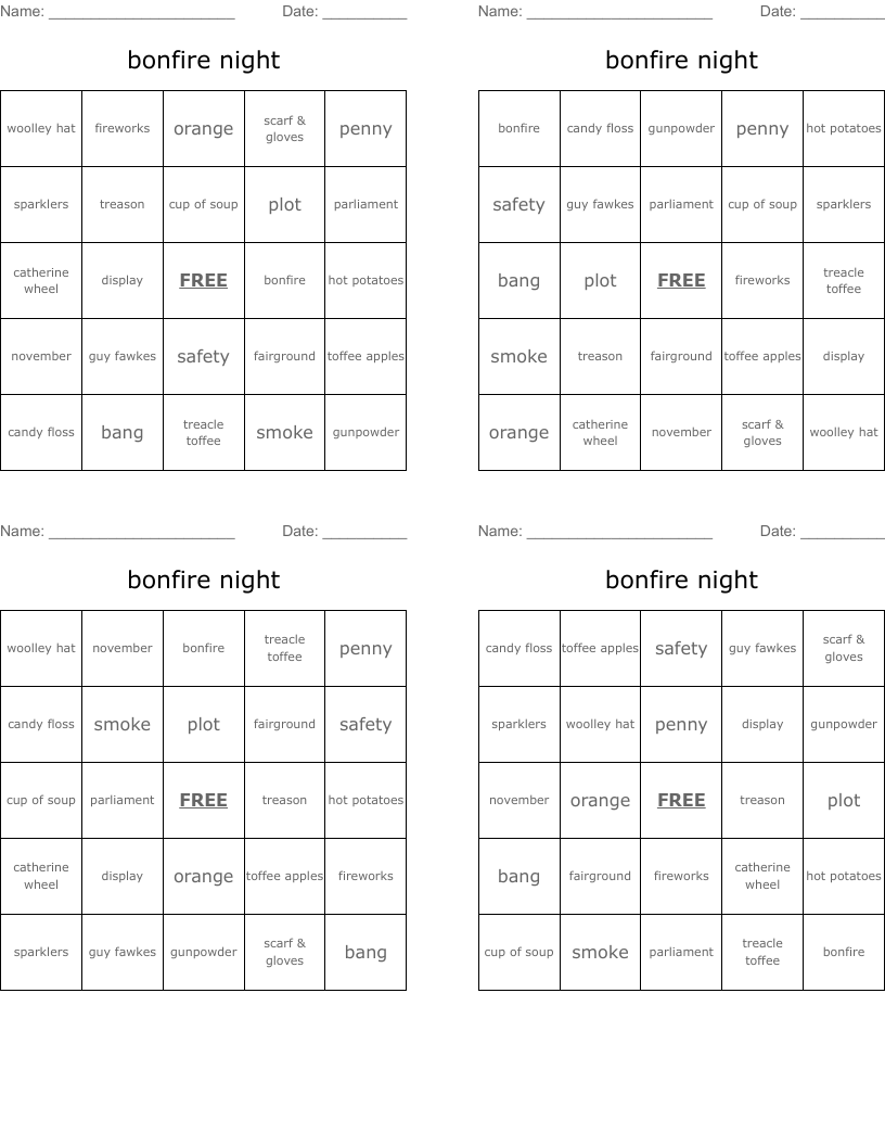 bonfire night Bingo Cards