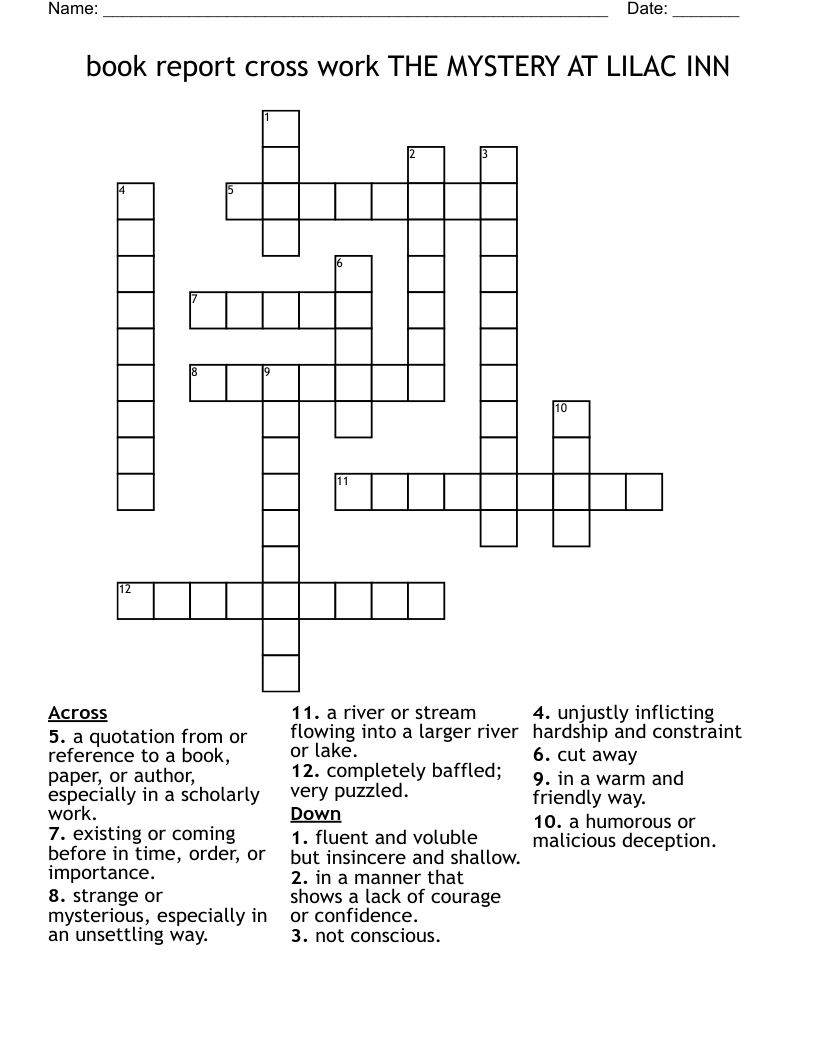 book report cross work THE MYSTERY AT LILAC INN Crossword