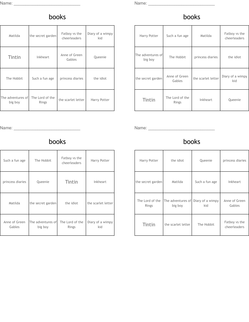 books Bingo Cards