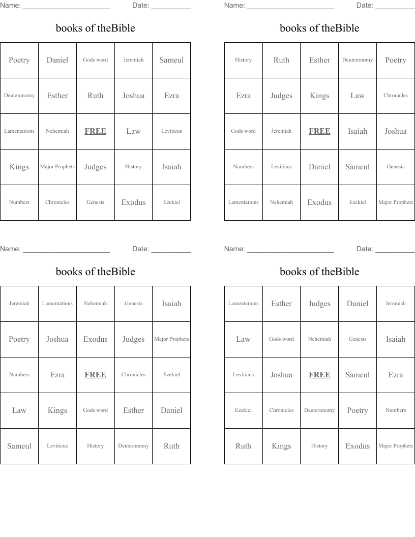books of theBible Bingo Cards