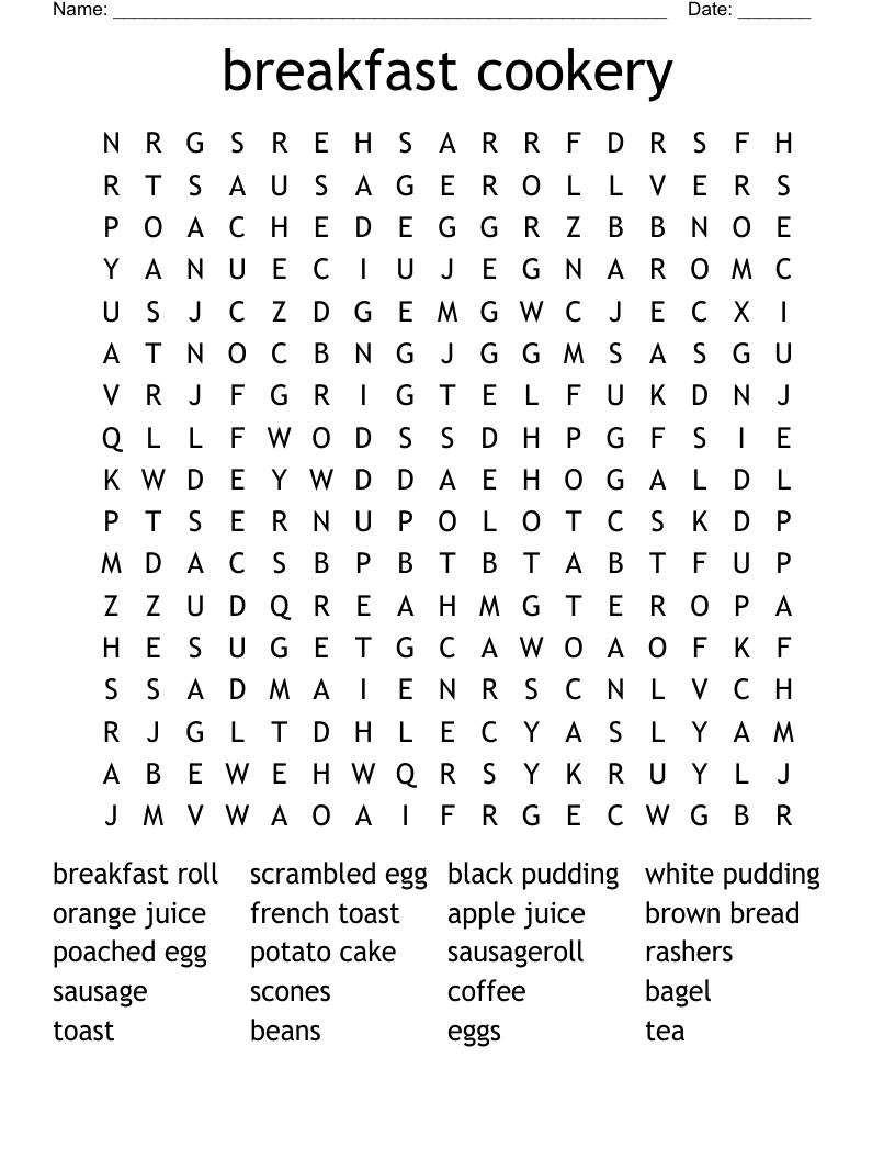 breakfast cookery Word Search