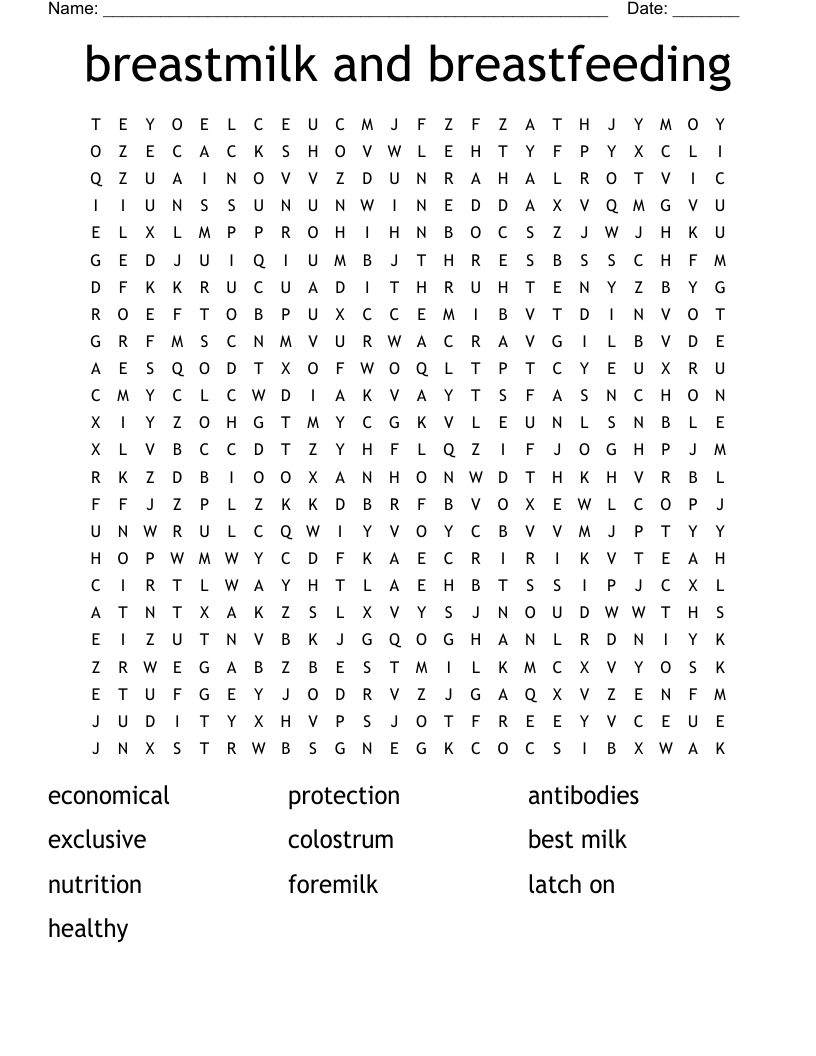 breastmilk and breastfeeding Word Search