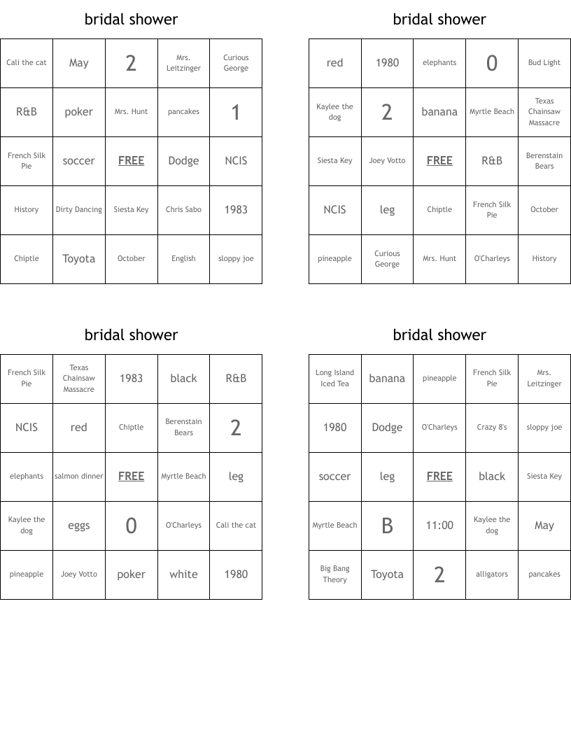 bridal shower Bingo Cards