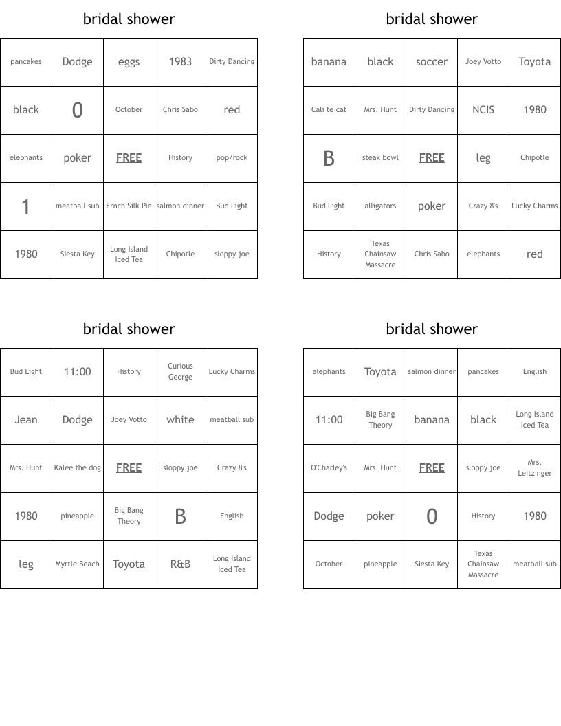 bridal shower Bingo Cards